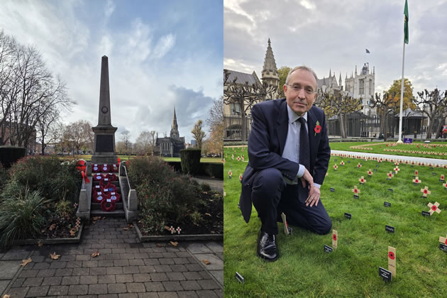 The Chiswick War Memorial (left) and Andy Slaughter at the Remembrance garden at Westminster (right)