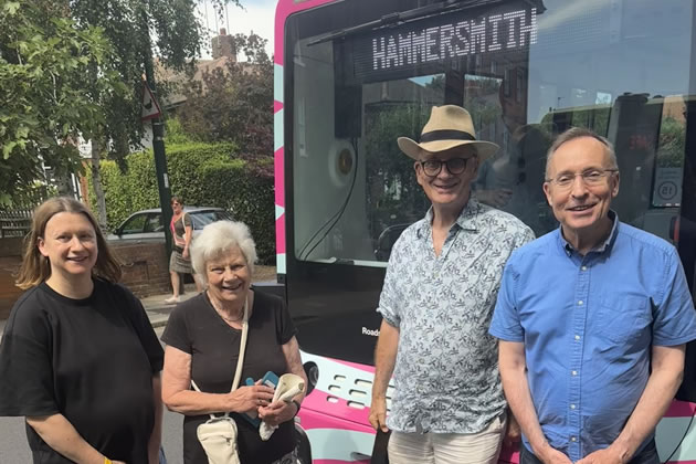 Hammersmith Society chair Angela Clarke, former chair Roger de Freitas, and committee member Fiona Petch, joined Andy Slaughter MP to see the vehicle in Barnes