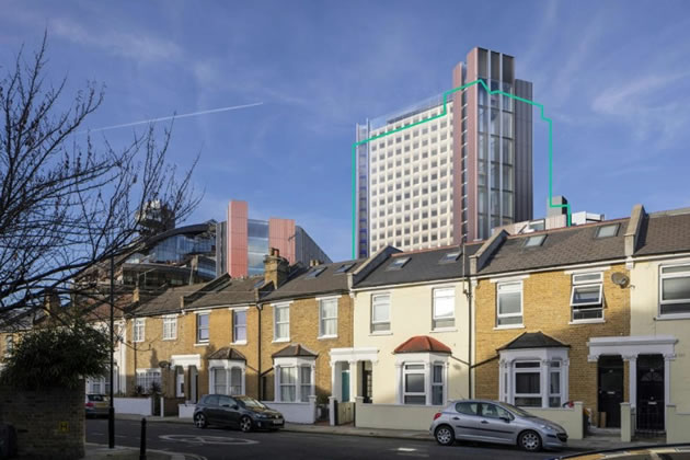 Green outline shows difference in height between the proposed hotel and the student halls