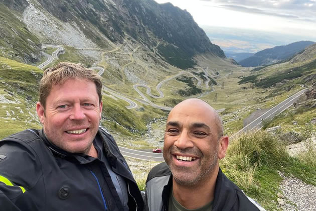 Hew (left) and Grant (right) on the Transfagarasan Highway in Romania