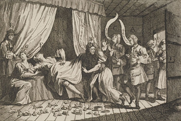 A etching by William Hogarth titled Cunicularii, or the Wise Men of Godliman in Consultation, published in 1726. It is a satire of a woman who claimed to have given birth to rabbits