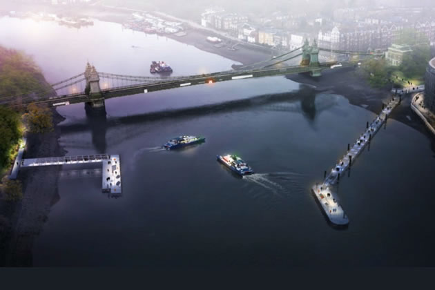 An artist\'s impression of the ferry service boats and terminals Credit: TfL and Beckett Rankine