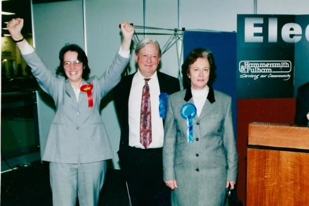 Jenny Vaughan (left) celebrates her election to H&F Council in 1998 