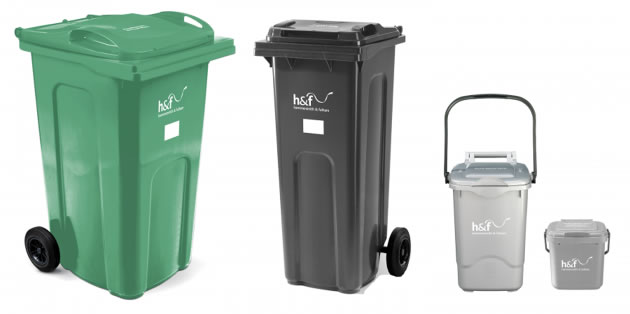 From left to right: 240 litre green recycling wheeled bin, 140 litre dark grey wheeled refuse bin, 23 litre collection caddy and 7 litre food caddy for indoor use