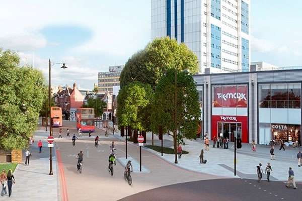 Artist's impression of a pedestrianised town centre following removal of one-way system