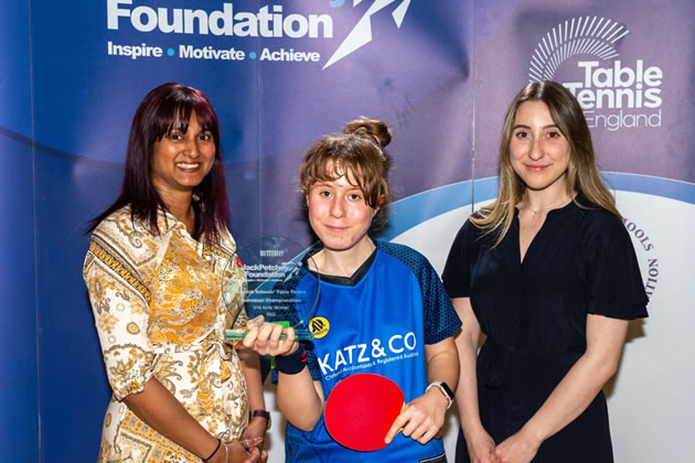 Lianna with Table Tennis England director Priya Samuel (left) and Jessica Villiers of the Jack Petchey Foundation